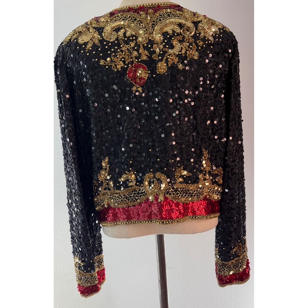 Vintage Oleg Cassini Black Tie Sequin Beaded Silk Blazer Jacket Black Gold Red - Picture 3 of 11